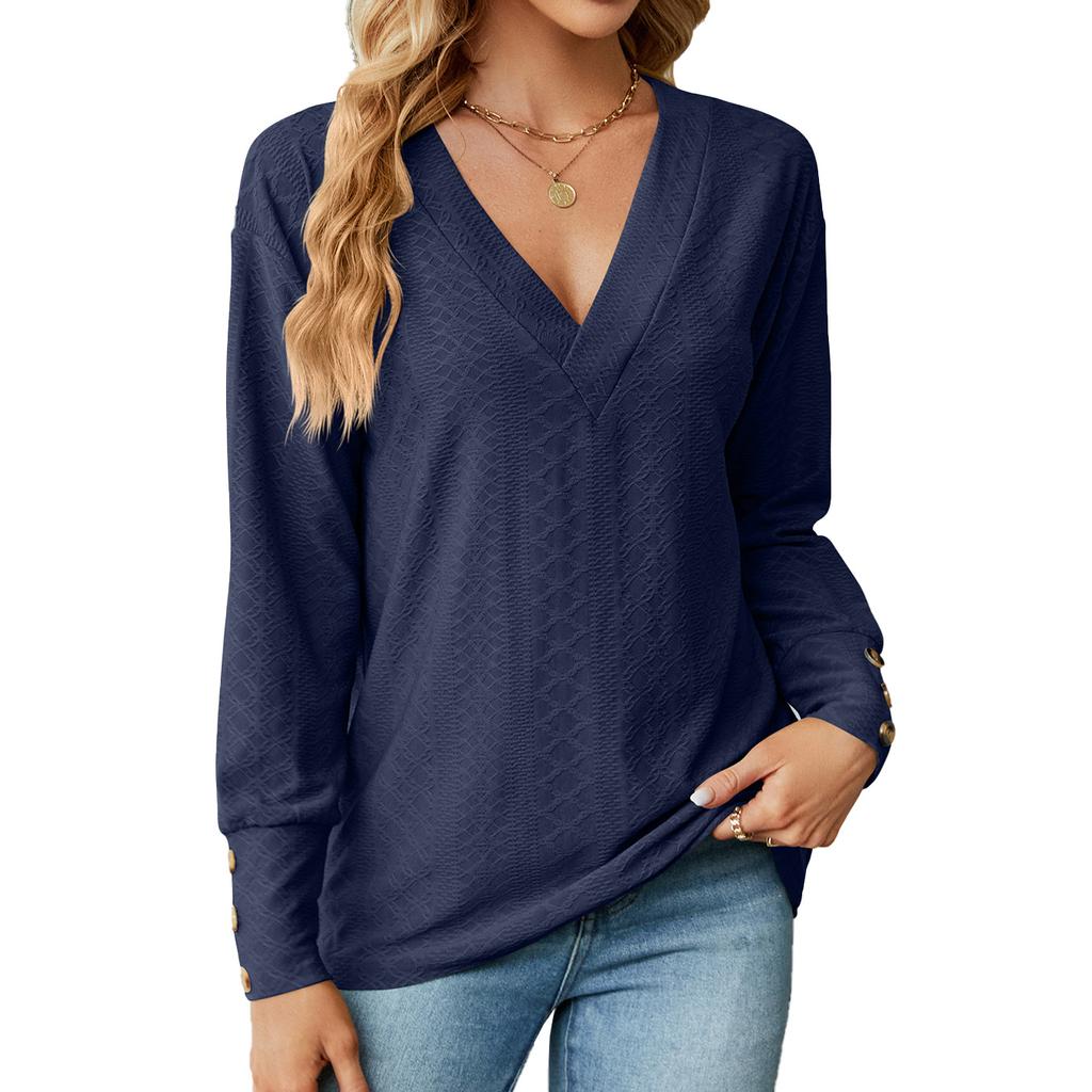 2024 Европейская и Американская осень/зима Новая однотонная свободная футболка с V-образным вырезом и пуговицами для женщин