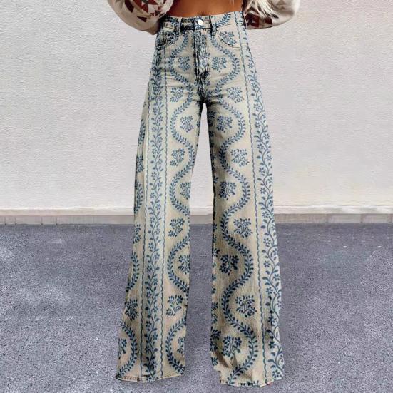 Women Casual Trousers Colorful 3D Floral Printing Flared Leg High Waist Plus Size Jeans Button Zipper Closure with Pockets Lojng Pants for Dating