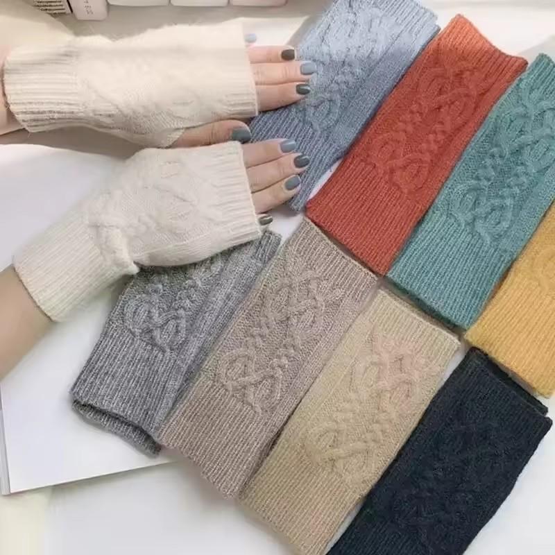 Autumn Winter Knitted Fried Dough Twists Warm Gloves for Women Solid Color Soft Skin Thickened Half Finger Gloves Wrist Washable