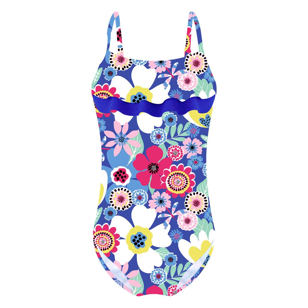Детский цельный комбинезон для девочек, купальный костюм, регулируемые бретели, рюшами по краю, с принтом и вырезами, открытая спина, купальный боди