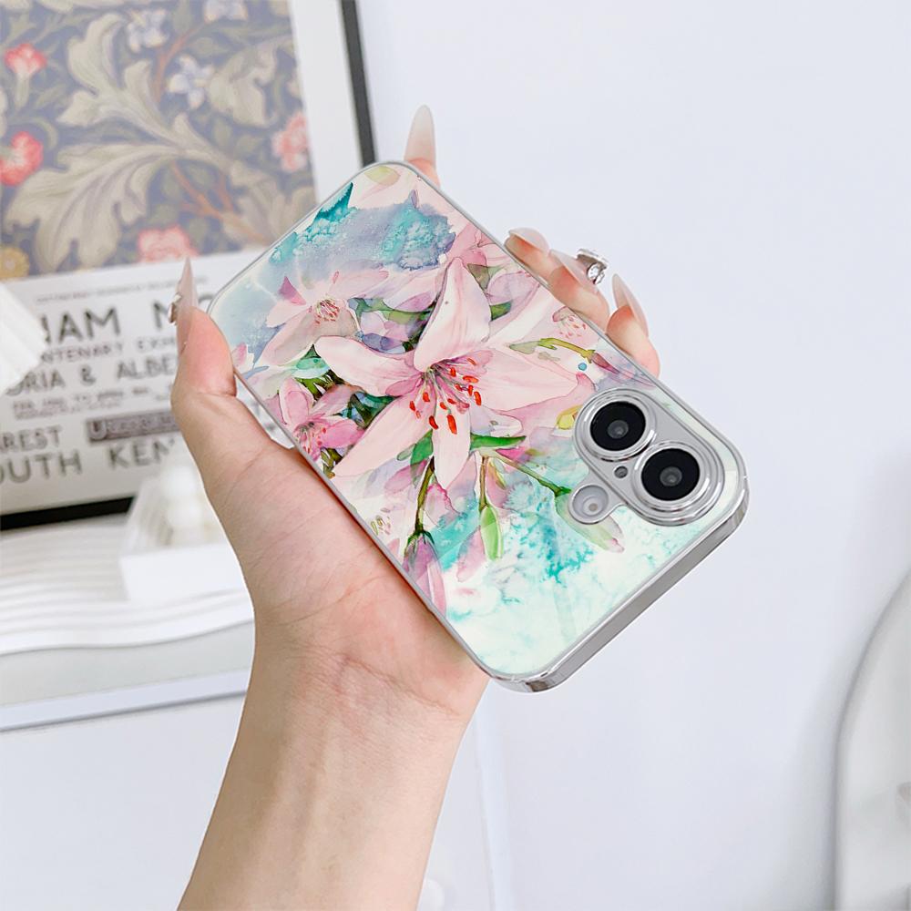 N164 Flower Peony Vase Phone Case for iPhone 16 15 Pro Max Samsung S24 S23 Ultra A54 A35 A25 Xiaomi Redmi Note 13 12 Plated Frame Tempered Glass Cover
