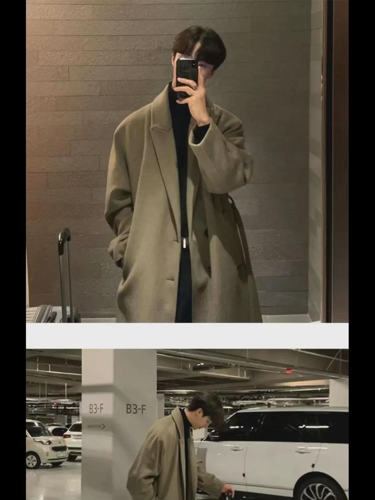 Мужская шерстяная ветровка средней длины в корейском стиле, длина до колена, свободный крой, весна/осень, модный британский дизайн