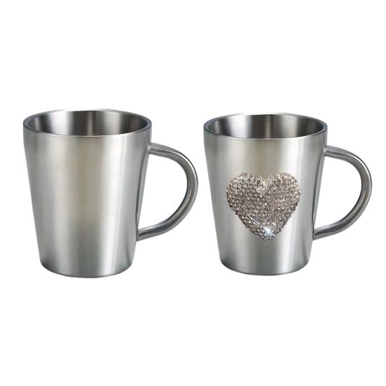 Coffee Mug Heart-Shaped Rhinestone Water Cup Stainless Steel Faux Crystal Mugs for Hot Beverage