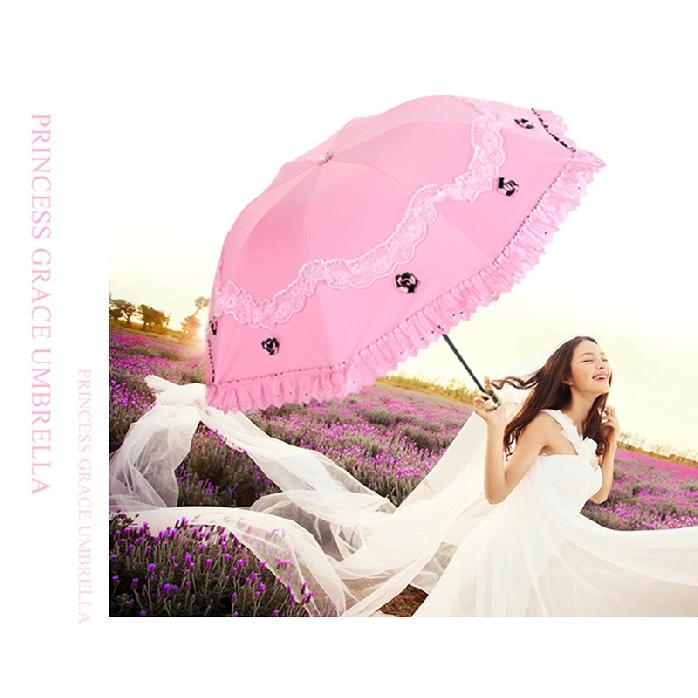 Lace Flower Women Sun Parasol Sunscreen Portable Compact Black Coating Anti UV Rain Umbrella Girl Princess Sunshades