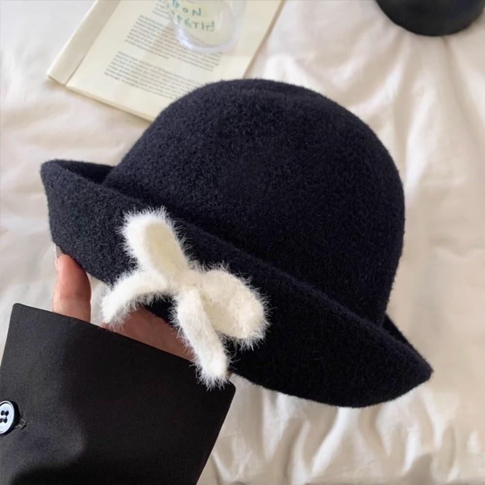 Solid Color Bow Bucket Cap Korean Style Women Bucket Hat Sweet Woolen Fishing Cap Streetwear