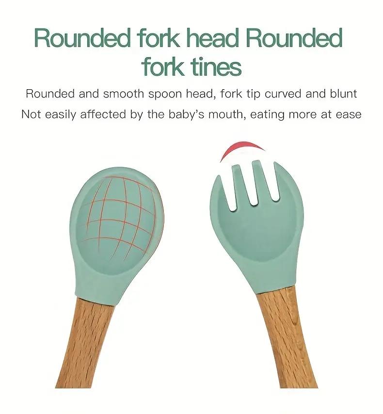 Силиконовая вилка и ложка с деревянной ручкой, набор вилок и ложек для кормления, отличный подарок на Рождество, Хэллоуин, День благодарения, Новый год