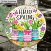 2D Flat Aluminum Hello Spring Door Sign for Front Door, Round Hanging Plaque with Mason Jar & Tulip Flower Design, Rustic Farmhouse Porch Wall Decor
