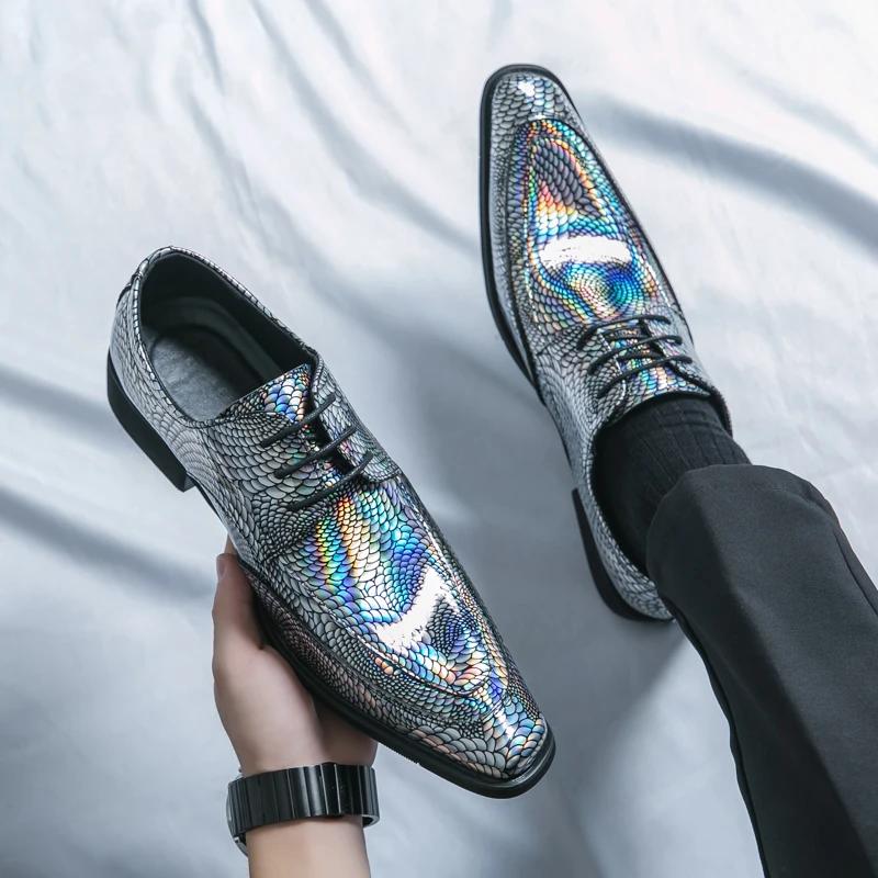 New Men Bright PU Printing Fashion Shoes Low Top Business British Casual Shoes Lace Up Classic Large Sizes 37-46 Men Shoes