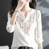 White Long Sleeved Shirt Women's Spring and Autumn Loose Embroidered Ethnic Style Versatile V-neck Top