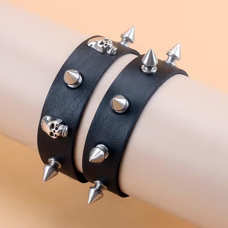 Панк-браслет из ПУ-кожи с пряжкой-шипом и браслет с черепом, Креативное унисекс кольцо на запястье, Подходит для повседневной носки и вечеринок