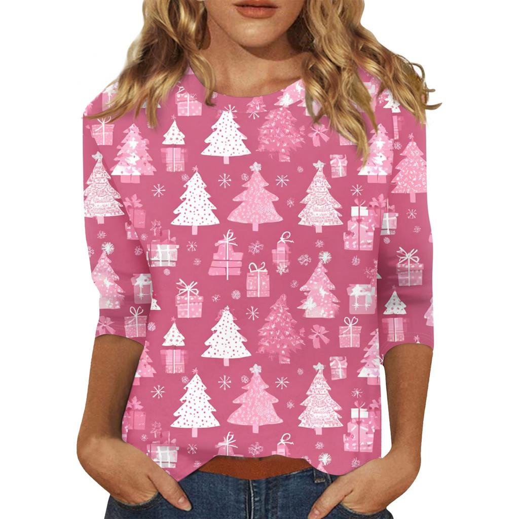Women's O-Neck 3/4 Sleeve Christmas Print Top