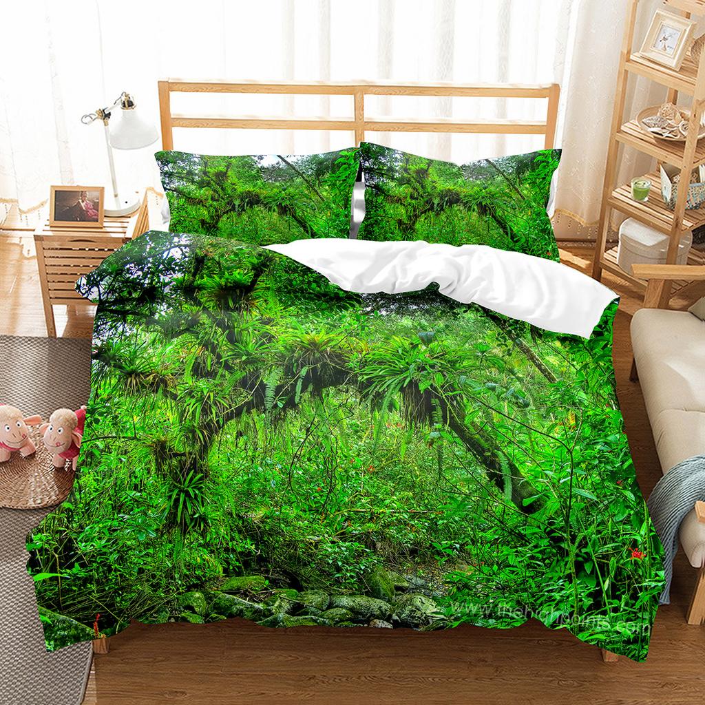 Green Jungle Theme King Queen Full Duvet Cover Forest Trees Bedding Set Natural Landscape Quilt Cover Polyester Comforter Cover