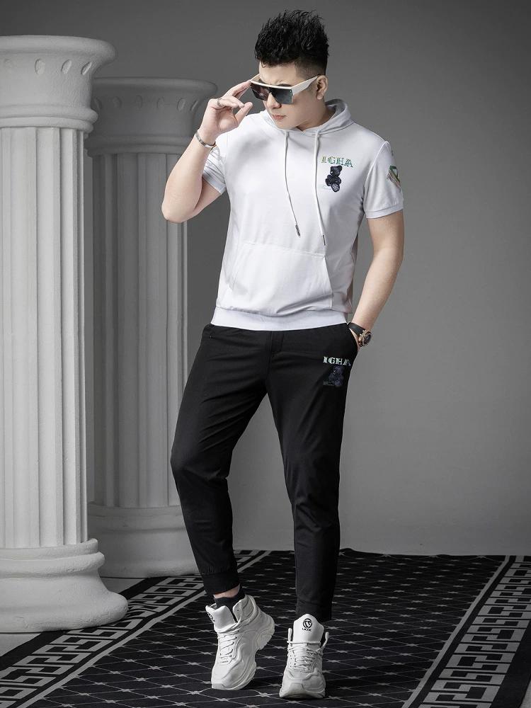 Ozhouzhan 2025 New Short sleeve T-shirt Trousers Casual Set Summer Fashion Brand Hoodie Men's Two-piece Set