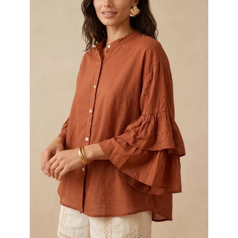 Women S Solid Stand Collar Button Long Sleeve Trumpet Loose Casual Shirt