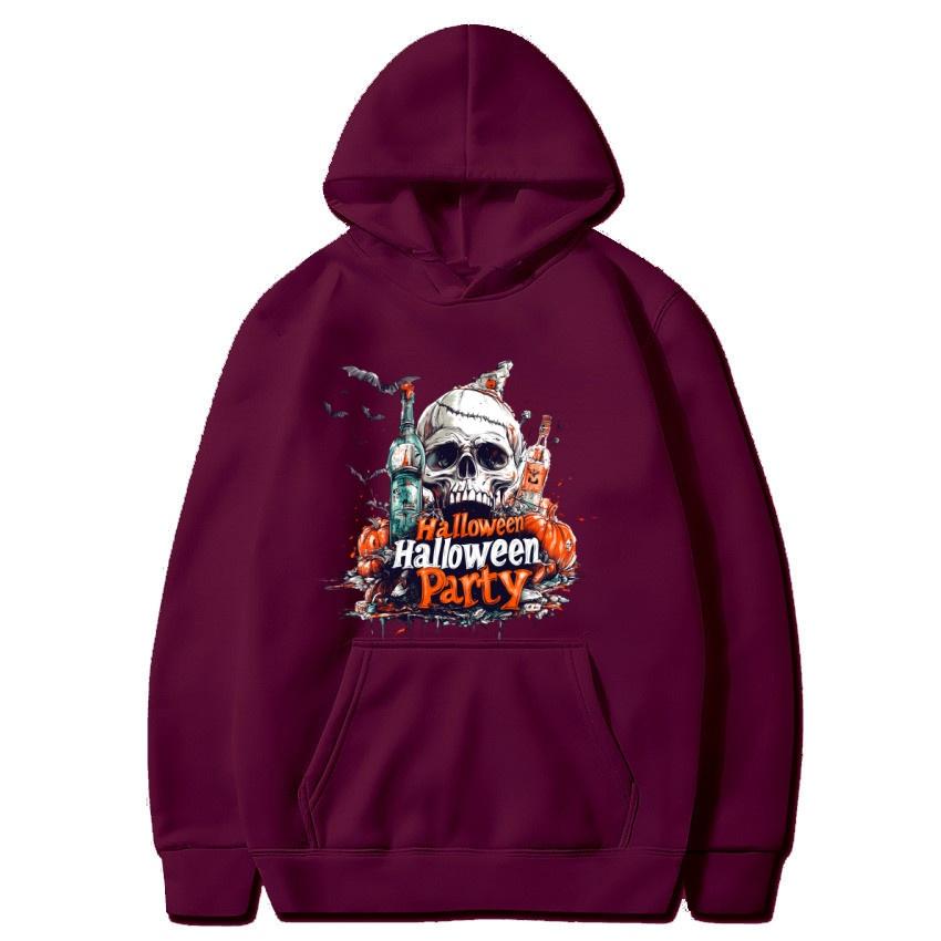 Fall/Winter Halloween Fleece Hoodie Skull Print Fashion Street Hoodie Men's and Women's Daily Long Sleeve Warm Hoodie