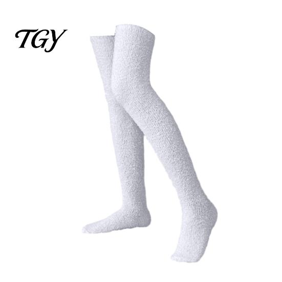 Soft Fleece Sleep Socks 1 Pair Fuzzy Thigh High for Women, Long Fluffy Skin Friendly Plush Hosiery Leg Warmer, Thickened Over The Knee Stockings,