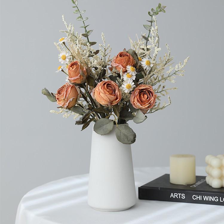 Artificial Rose & Daisy Bouquet - Dried Floral Arrangement for Living Room, Dining Table, or Coffee Table Decor.