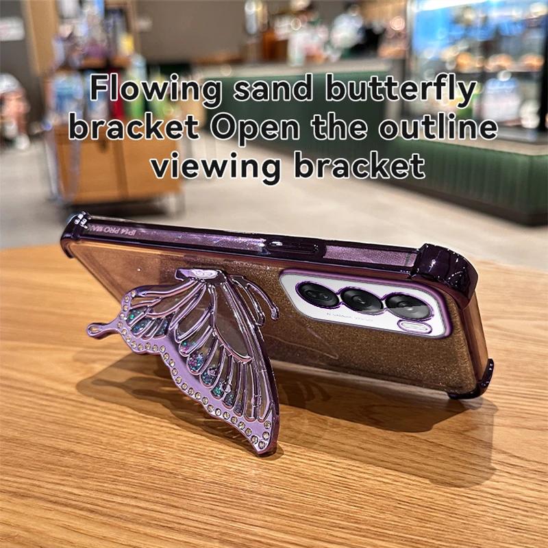 Glitter Shockproof Plating Quicksand Butterfly Phone Holder Case for OPPO Reno 14 14F 13 13F 12 12F 11 11F 10 Pro Silicone Cover