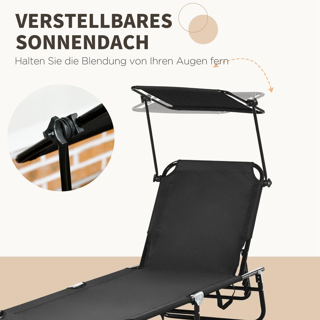 Set of Two Folding Sun Loungers. with Adjustable Backs and Sun Canopies - Black