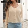 Women's Fashion Casual Solid Color Print Autumn Winter Long Sleeve V-Neck Loose Sweaters