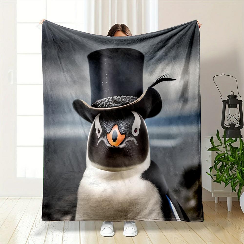 Penguin in Top Hat by the Sea Patterned flannel blanket perfect for the bedroom living room, sofa, or a little nap