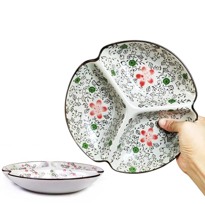 Разделительная тарелка в японском стиле, керамическая бытовая посуда для фруктовых салатов, многосекционная посуда для похудения, обеденная тарелка для быстрого питания, 1 шт.