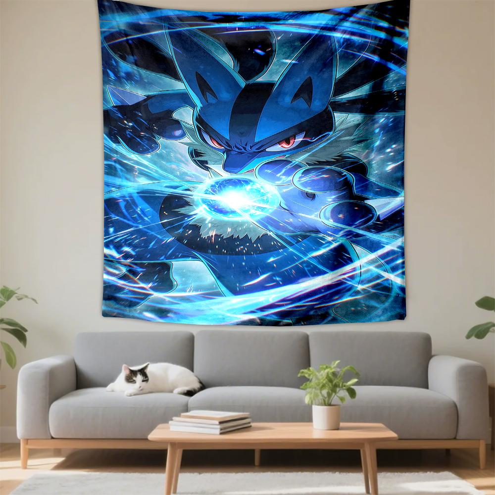 Tapestry Pokemon Lucario Aura Sphere Blue Fighting Energy Anime Wall Hanging for Pokemon Fan Game Room Teen Decor