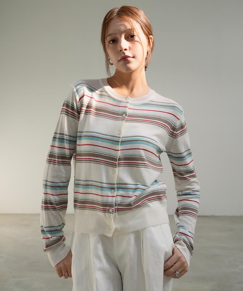 VLETI Slim Stripe Featherlight Button Cardigan (Ivory)