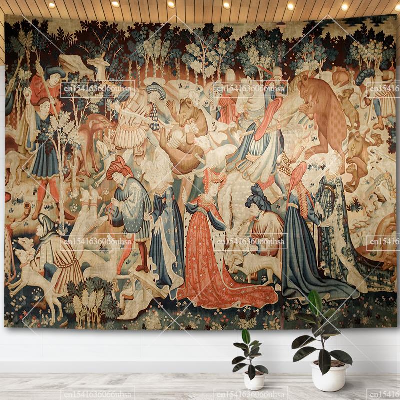 Medieval Unicorn Tapestry Wall Hanging For Home Decor Paintings Retro Hippie Tapestries Aesthetic Background Yoga Meditation