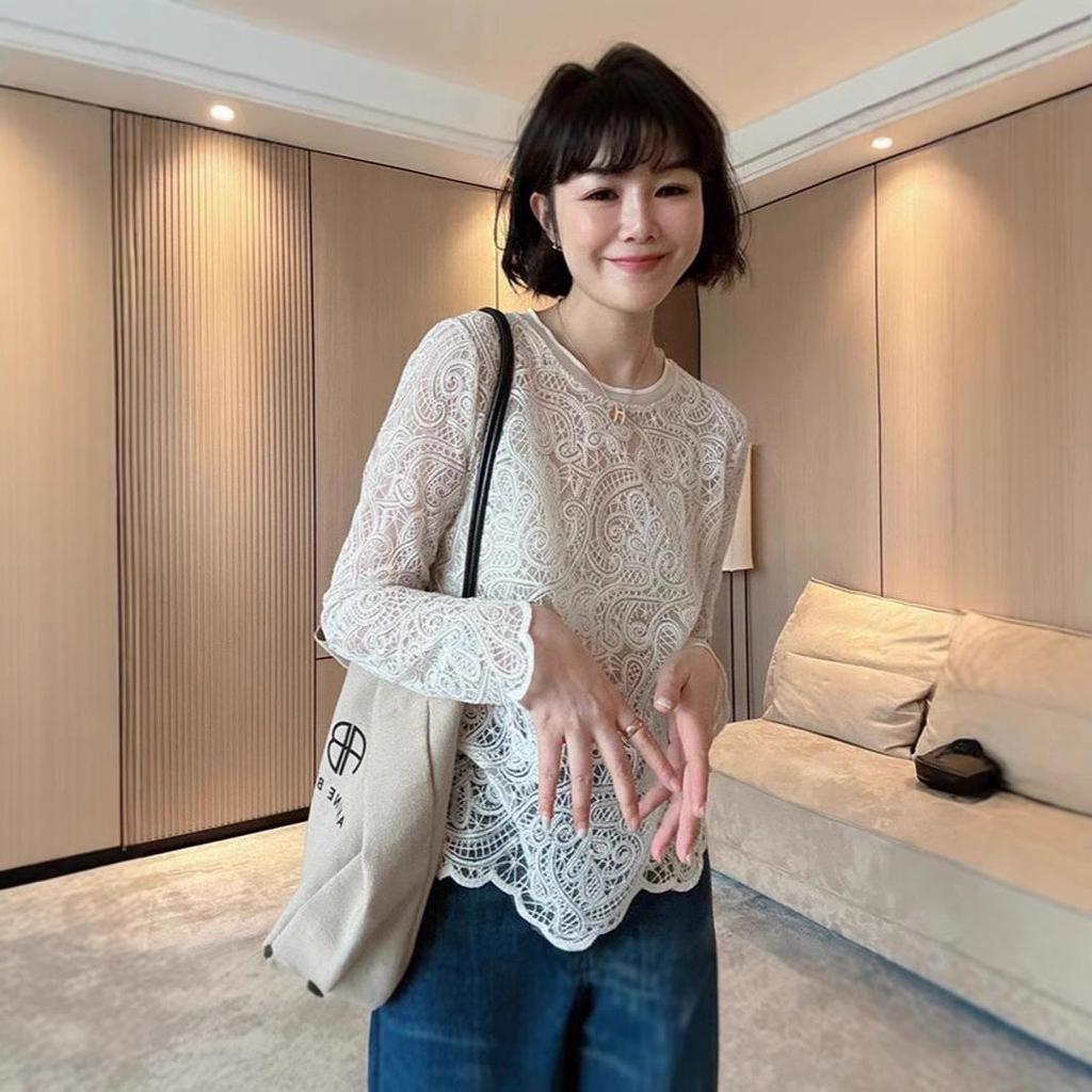 Women's High-End French Lace Cardigan - Hollow-Out Long Sleeve, Spring 2025 Trend, Versatile Layering Top