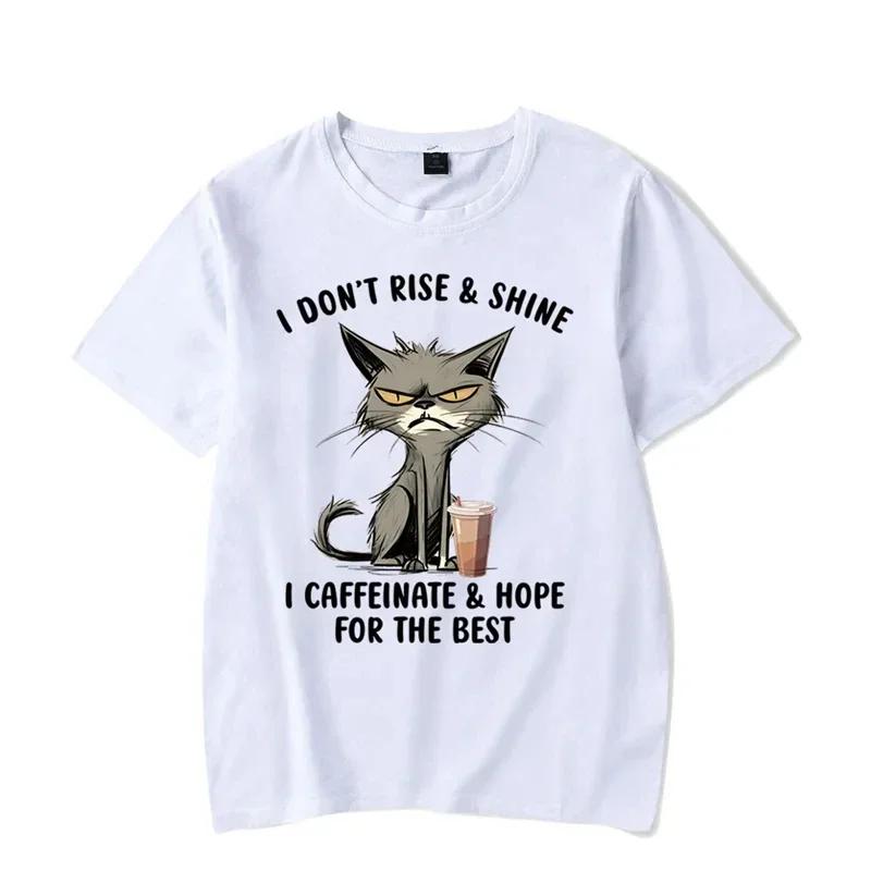 Black Cat Drink Coffee Hope All Is Well Pattern Printed T-shirt Men Fashion Trend Clothing Large High Quality Cotton top#Color