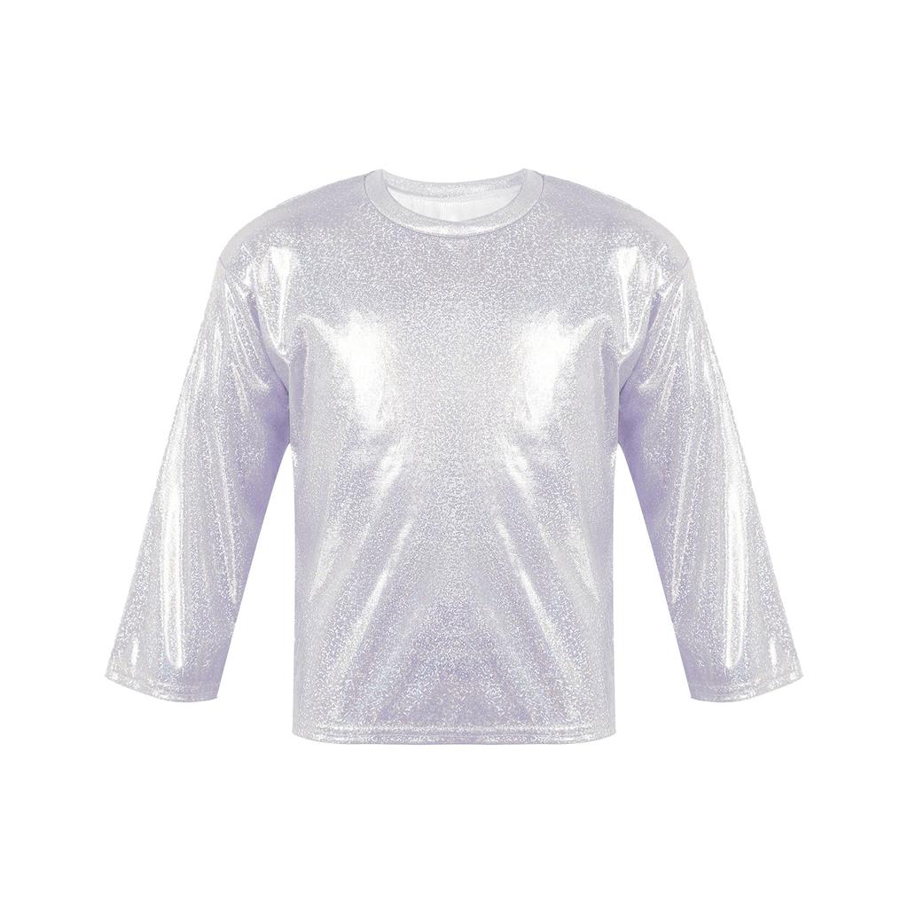 Unisex Kids Metallic Bronzing Cloth Tshirt Long Sleeve Loose Fit Round Neck Top for Parties Performances