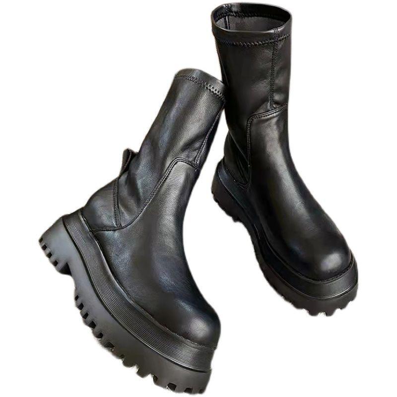 British Martin Boots Women's 2025 New Medium Boots Internet Celebrity Platform Short Boots Autumn and Winter Boots Heightened Elastic Thin Boots