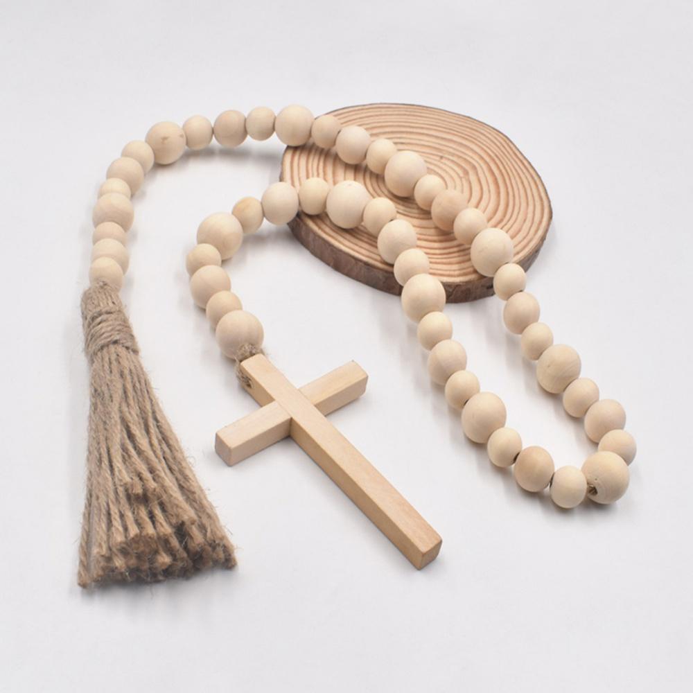 Wood Bead Garland with Tassels Farmhouse Beads Religious Wood Bead