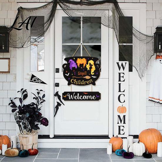 Double Layered Wood Sign Halloween Wooden Welcome for Front Door Witch Cauldron Hanging Plaque Indoor Haunted House Decoration Waterproof