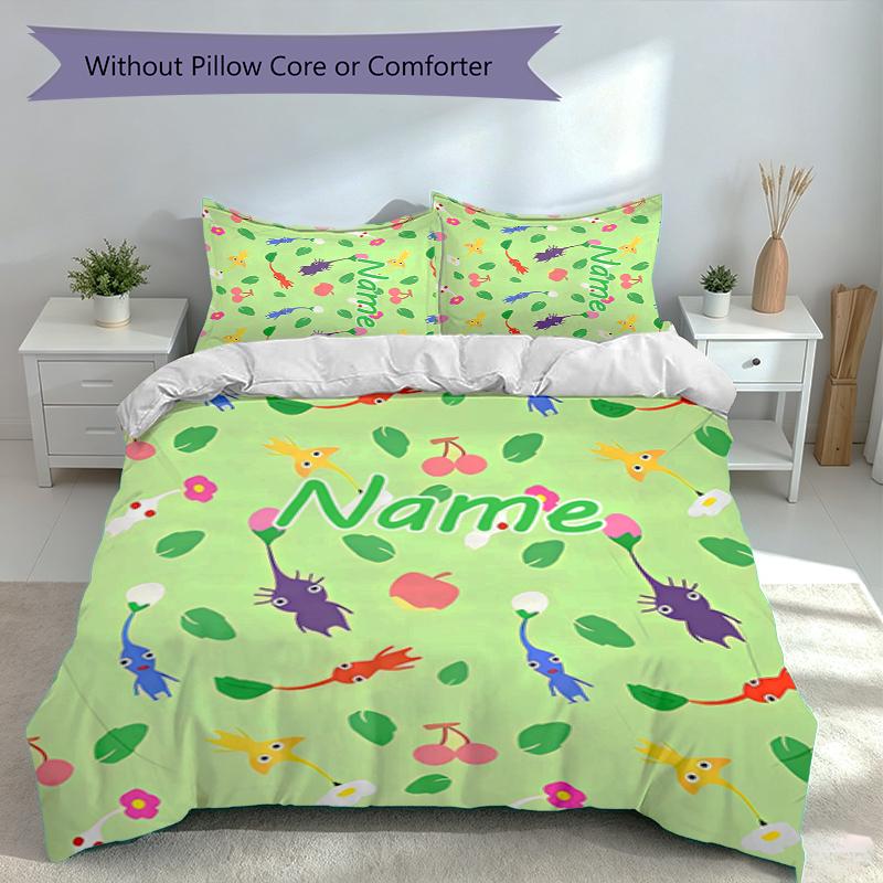 3pcs Custom Name Pikmin Pikmin Bedding Set,Includes 1 Duvet Cover and 2 Pillowcases,All-season Bedroom Decor