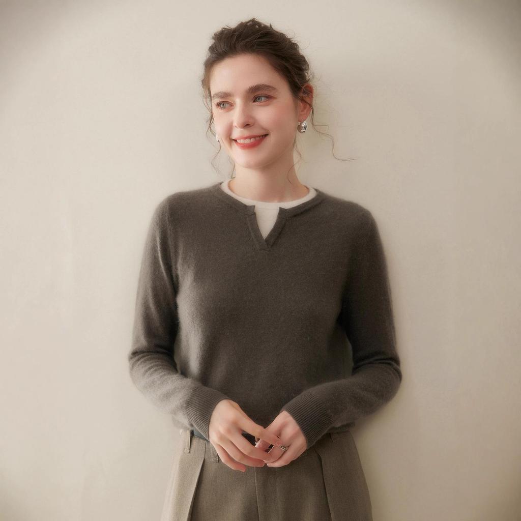 Women's Fashion Cashmere Knit Henley Neck Two-Piece Pullover - Versatile Autumn/Winter Solid Color Base Layer