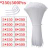Self-locking Plastic Nylon Tie 500/250Pcs 250mm White Zip Wraps Strap 500mm Nylon Cable Tie Set Fastening Ring Loop Wire Wrap