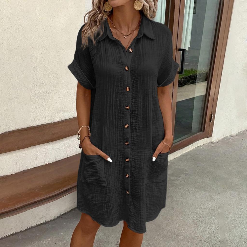 Women'S Fashion Summer Minimalist V-Neck Button Up Dress Woman Cotton Linen White Short Sleeved Pocket Casual Loose Shirt Dress