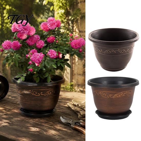 Balcony Garden Pots Resin Flower Planters, Vintage Plant Pot with Drainage Hole & Saucer, Lightweight Style Holders for Indoor Outdoor, Retro