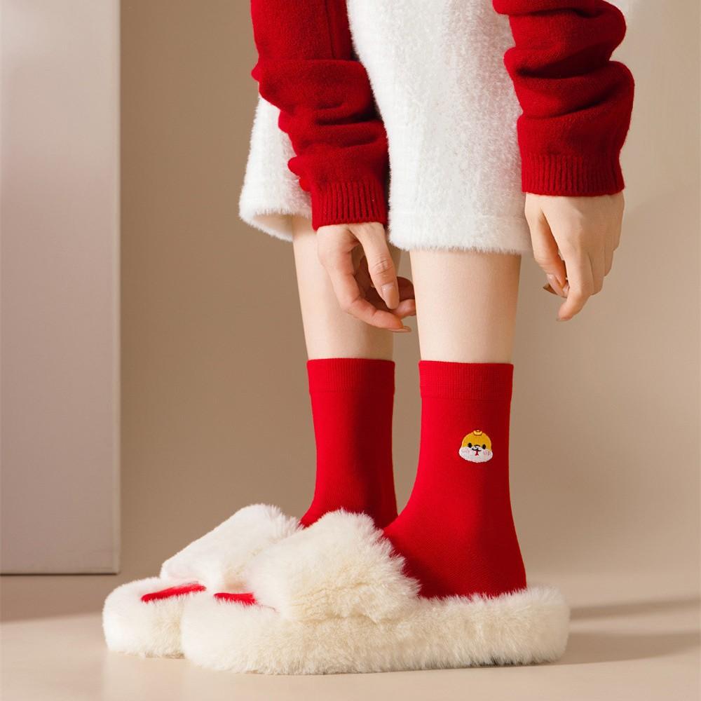 Год Змеи День рождения Новый год Красные носки из чесаного хлопка однотонные плоские носки с вышивкой в виде золотистой змеи Fufa для мужчин и женщин среднего размера