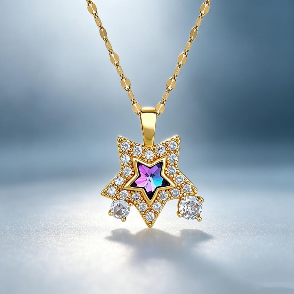 Cute Charm Female White Zircon Stone Star Round Pendant Necklace Gold Color Wedding Jewelry For Women