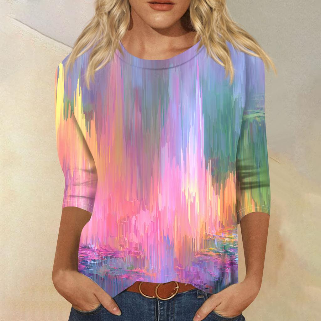 Женская модная повседневная футболка с круглым вырезом, рукавом три четверти и градиентным принтом