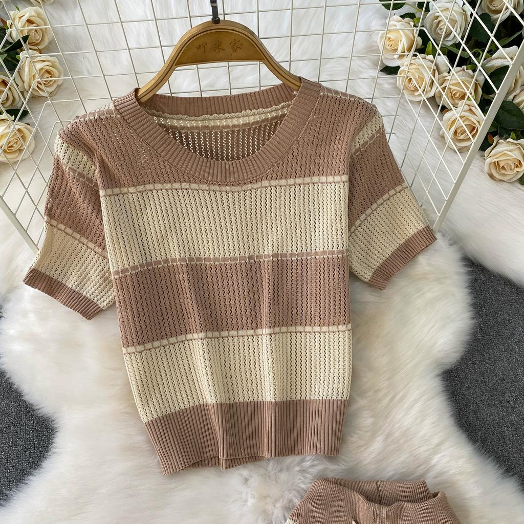 Летний женский шикарный полосатый вязаный свитер и брюки, комплект из двух предметов, пуловер с коротким рукавом и костюм с широкими брюками