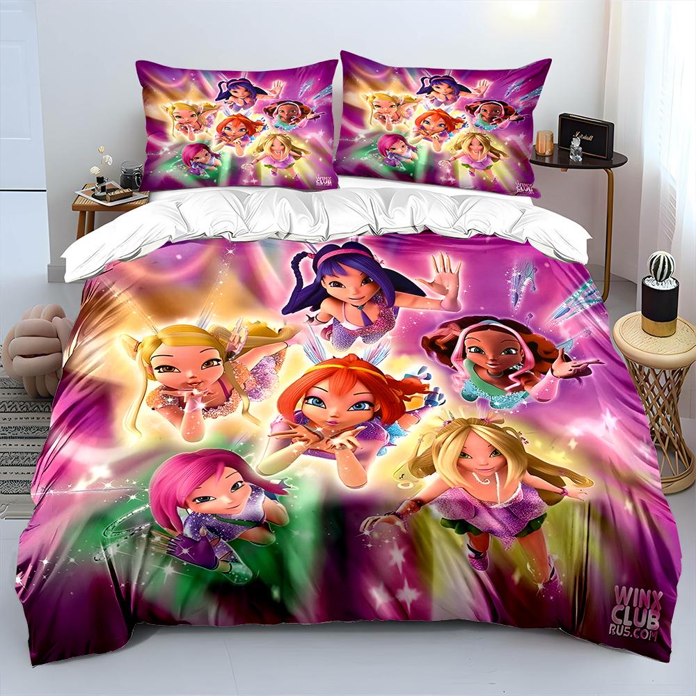 Beautiful Girls W-winx Cartoon Pattern Duvet Cover Set Digital Print Colorful Polyester Bedding with Zipper Closur for Kids Gift