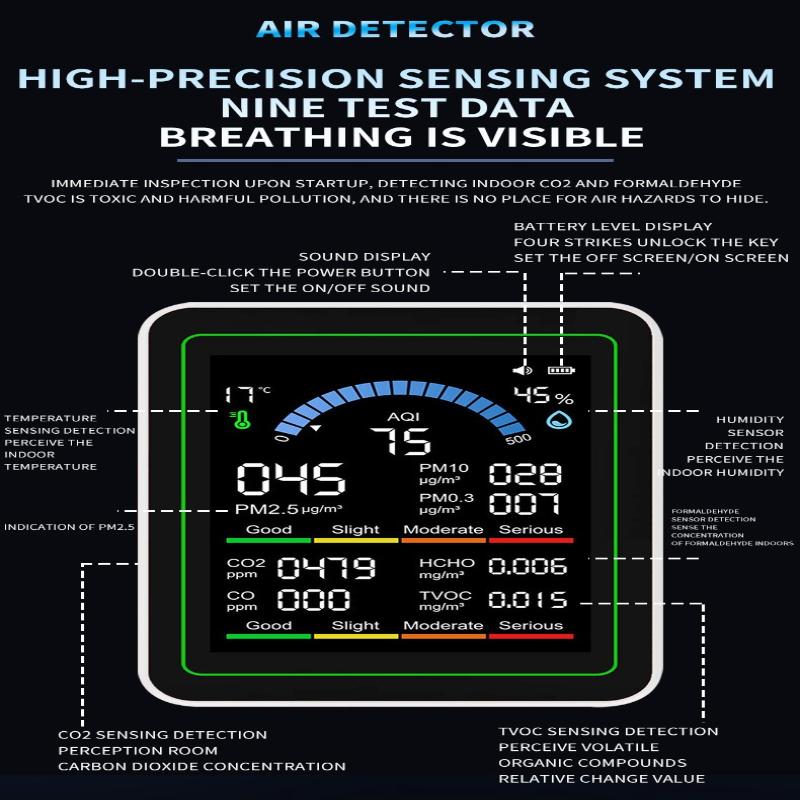 Детектор качества воздуха 10-в-1 CO2, PM0.3, PM1.0, PM2.5, PM10, HCHO, TVOC, Термометр-гигрометр, Монитор CO2