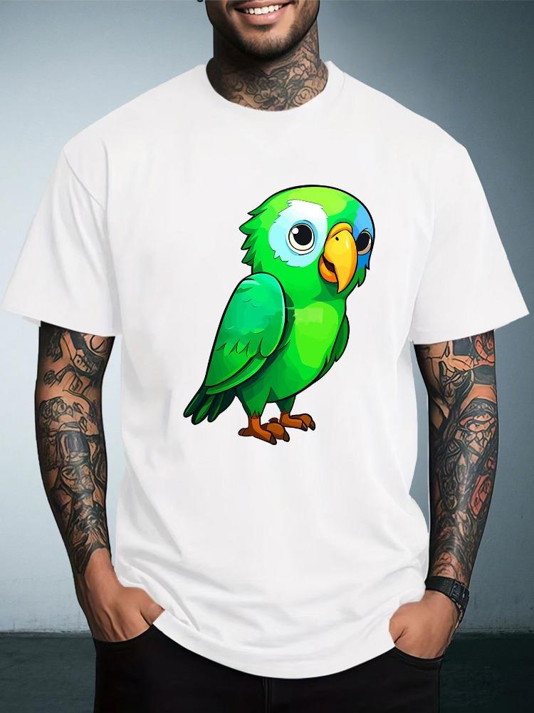 Unisex Summer White Short Sleeve Tee Cute Cartoon Green Parrot Bird Graphic Print Crew Neck Loose Casual Male Daily Tops