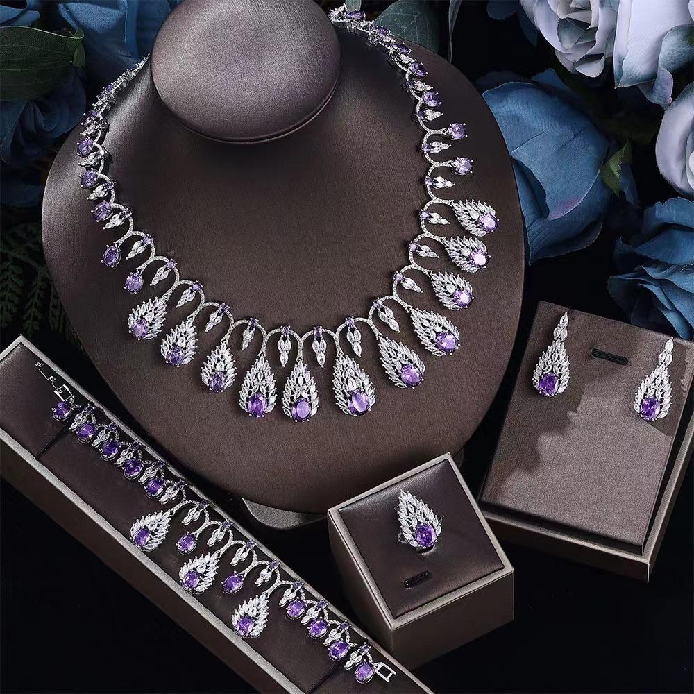 Light Luxury Bright Full Diamond Special-shaped Colored Zircon Dinner Dress Set Necklace Earrings Spot