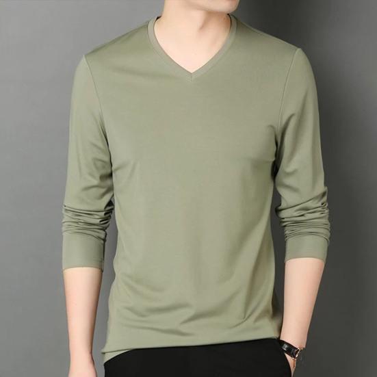Men Fall Spring Top V Neck Long Sleeves Pure Color Slim Fit
