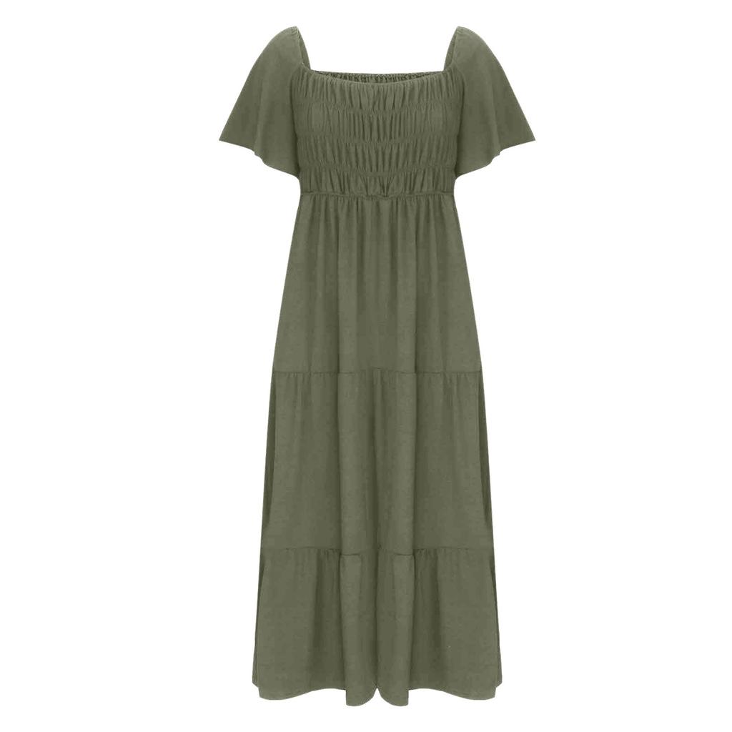 Women's Summer Casual Short Sleeve Square Neck Smocked Elastic Waist Tiered A Line Maxi Dress With Pockets